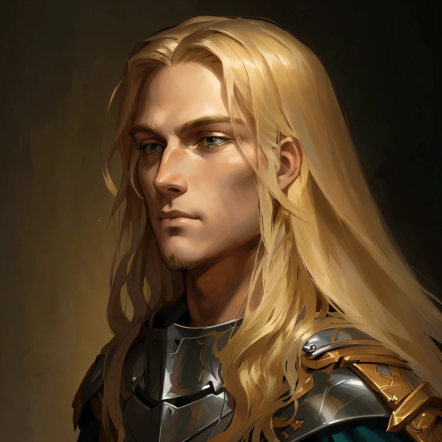 "A dark, biblical-style illustration of a young knight with a clean, youthful face and long, flowing blonde hair. He wears shiny silver armor, intricately detailed and reflecting light, and stands with a slightly concerned expression, exuding a sense of noble valor and vulnerability, depicted in the dramatic, intricate style of Gustave Doré --ar 1:1"
