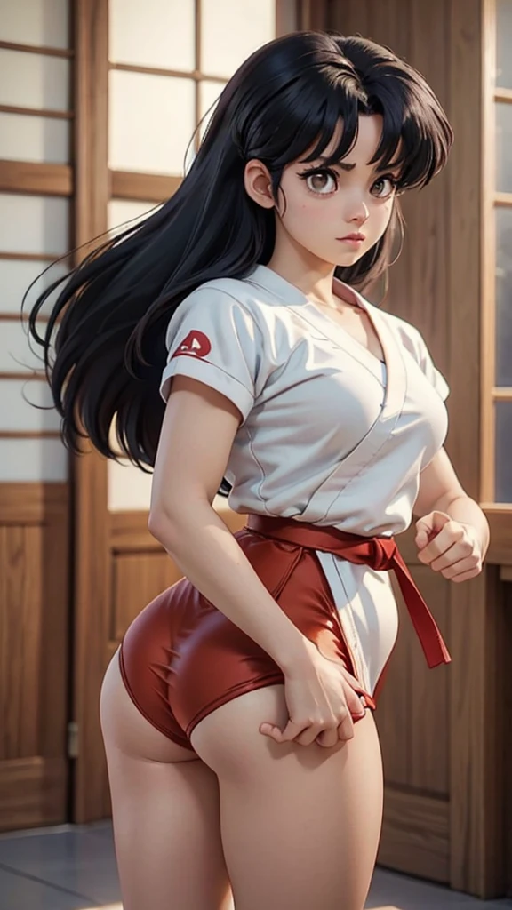 Akane Tendo, (Ranma 1/2 anime), sexy girl, poderosa, traje sexy de karate color blanco, cinta negra, YOUNG, skynny body, small and beautiful buttocks, toned abdomen, small and beautiful breasts, obscene, sensual, esta en el dojo de artes marciales, dramatic background, patada al aire, esta entrenando karate, sensual look, cuerpo completo, beautiful brown eyes, classic hairstyle,Hair dyed in bright blue color, best quality,4k,8k,A high resolution,masterpiece,ultra detailed,Realistic, Photorealistic,photo realistic