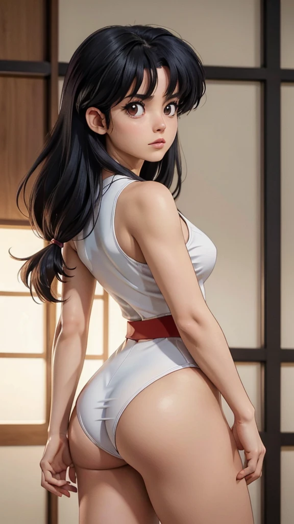 Akane Tendo, (ranma 1/2 dessins animés), fille sexy, puissant, costume de karaté blanc sexy, ruban noir, jeune, corps skynny, Petites et belles fesses, ventre tonique, petits et beaux seins, obscène, sensuel, Il est dans le dojo d&#39;arts martiaux, fond dramatique, donner un coup de pied en l&#39;air, il s&#39;entraîne au karaté, sensuel look, corps entier, Beaux yeux marrons, Coiffure classique,Cheveux teints en bleu vif, Meilleure qualité,4k,8k,Une haute résolution,chef-d&#39;œuvre,ultra détaillé,Réaliste, Photoréaliste,photo réaliste