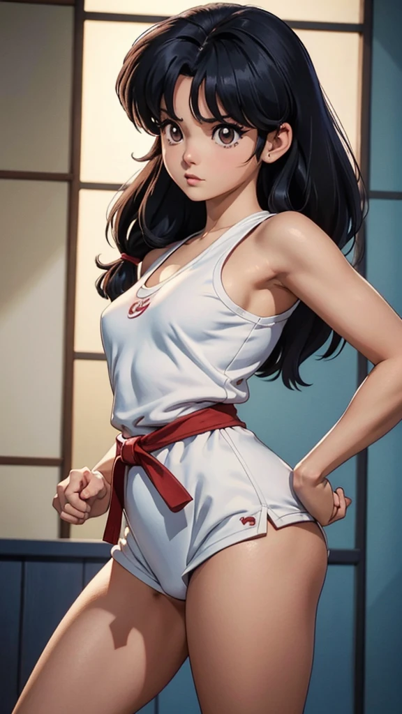 Akane Tendo, (Ranma 1/2 anime), sexy girl, poderosa, traje sexy de karate color blanco, cinta negra, YOUNG, skynny body, small and beautiful buttocks, toned abdomen, small and beautiful breasts, obscene, sensual, esta en el dojo de artes marciales, dramatic background, patada al aire, esta entrenando karate, sensual look, cuerpo completo, beautiful brown eyes, classic hairstyle,Hair dyed in bright blue color, best quality,4k,8k,A high resolution,masterpiece,ultra detailed,Realistic, Photorealistic,photo realistic