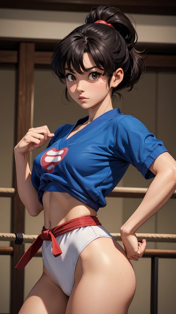 Akane Tendo, (Ranma 1/2 anime), Garota sexy, poderosa, terno branco sexy de karatê, fita preta, jovem, Corpo Skynny, Nádegas pequenas e bonitas, abdômen tonificado, Seios pequenos e bonitos, Obsceno, sensual, Ele está no dojo de artes marciais, fundo dramático, chutar no ar, ele está treinando caratê, olhar sensual, corpo completo, lindos olhos castanhos, penteado clássico,Cabelo tingido de azul brilhante, melhor qualidade,4K,8K,Uma alta resolução,obra de arte,ultra detalhado,realista, fotorrealista,foto realista