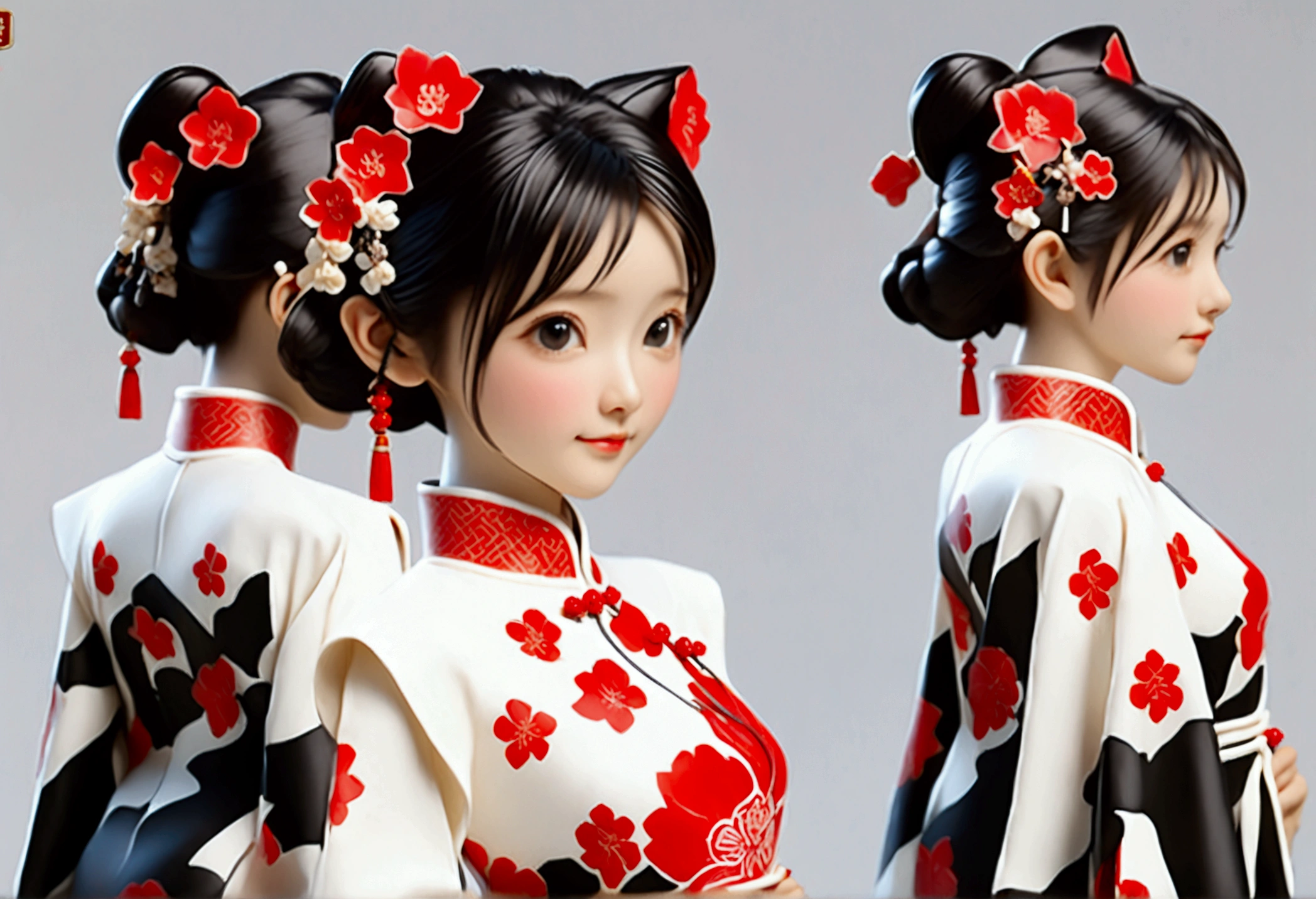 (((Showing the front view of the same 3D character IP figurine design、Side View、Rear view:1.5)))，Young fashionable girl，Wearing a fashionable ink-dyed cheongsam，Ink black and white mixed color Atles silk cheongsam，Uyghur totem cheongsam，Red bougainvillea pattern，Cheongsam style combining ethnicity and fashion，Chinese retro pattern，Cute floral pattern，airplane sleeves，Wide sleeves，Balloon sleeves，Pipa sleeves，Create 3D national trend characters，Delicate bougainvillea pattern，Multi-ethnic cultural integration，Three-dimensional Chinese style，Chinese style 3D character IP figure design，Perfectly proportioned oval face，Film-level ultra-high quality texture，Global Illumination，（Full body styling），((The same 3D character IP figure design with the same clothing and accessories from multiple perspectives，Front view of the same 3D character IP figurine design，同一个3D人物IP手办设计的Side View，同一个3D人物IP手办设计的Rear view))，
