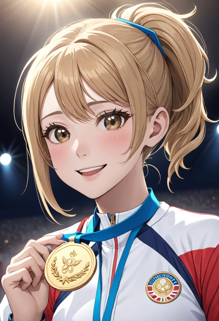 a woman being awarded a gold medal at the paris olympics, highly detailed Realistic 3d cg rendering of the award ceremony, close-up of an athlete receiving the medal, A face expressing joy and pride, Dramatic studio lighting, intricate details of the medal and athlete's uniform, Vibrant colors, photoRealistic, masterpiece quality, (Highest quality, 8k, High resolution, masterpiece:1.2), Very detailed, Realistic, photo-Realistic:1.37, Dramatic lighting, emotional expression, Dynamic pose, gold medal, Olympic Medal Ceremony, athlete, Sports, competition, victory, celebration,