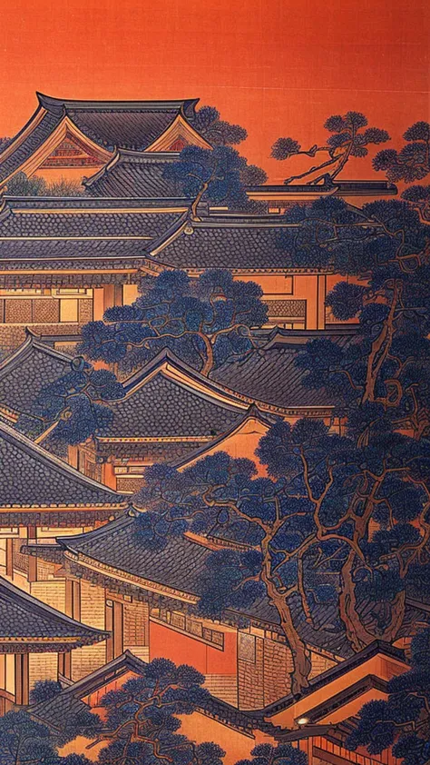 japanese wall of traditional paintings in blue