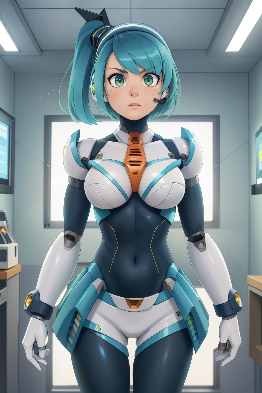 ultra detailed photo of a woman cyborg, 1girl, photorealistic, (natural skin texture, realistic eye details:1.2) ricomega_manx, alone, breasts, green eyes, blue hair, Android, short hair, side ponytail, robot ears, artwork, high quality, hypnotized, spiral eyes, blank stare, in the bedroom, standing at attention