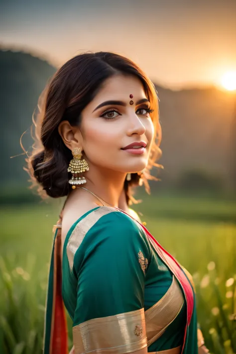 A beautiful sunrise over rice fields in India, Indian farmers harvesting rice, beautiful detailed eyes, beautiful detailed lips,...