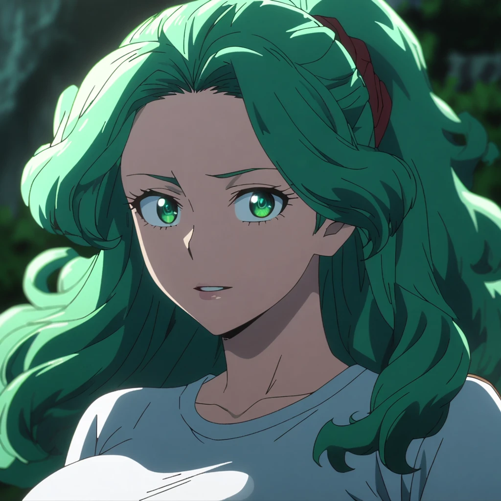 1Frauen, Erwachsene, Izuku Midoriya, weibliche Version, Deku aus My Hero Academia, My hero academia Anime-Screencap, Anime-Screencap, Allein, ((lang_Haar, green Haar, curly Haar, Pferdeschwanz))  (( T-Shirt tragen)), ((grüne Augen)), ((hanging Brust)) lächeln,geöffnete Lippen schauen_bei_Zuschauer, Oberkörper, unscharfer Hintergrund, ,  Nacht)), bangs, Oberkörper, Wimpern, Brust ((grüne Augen)) ((lang Haar, curly Haar, Pferdeschwanz)) ((Green Haar, ))  ((Allein)) ((Izuku midoriya))