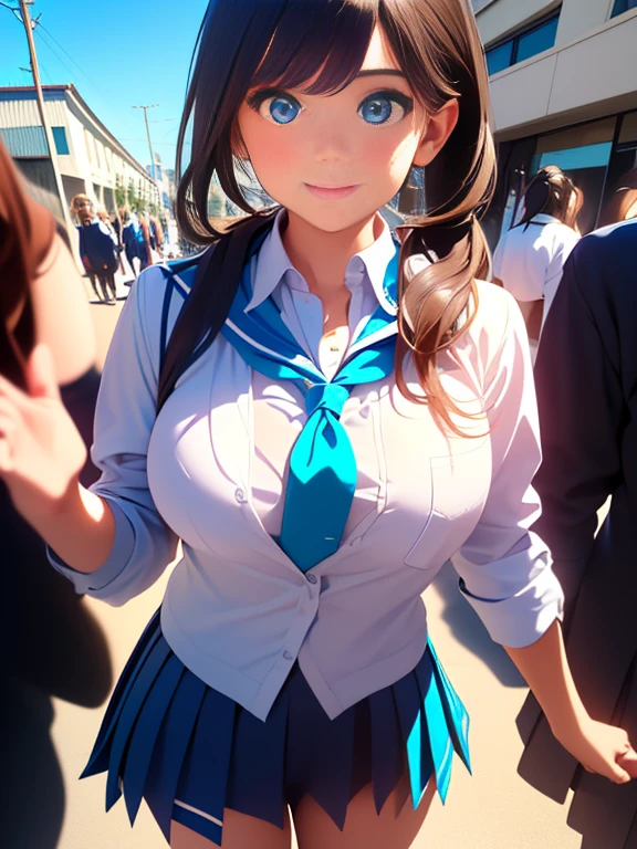 (premium:1.32), (The ultra -The high definition:1.4), (High resolution: 1.3), (CG Unity 8k Wallpapers:1.2), (Detailed eyes and skin.:1.35), (detailed facial features:1.25), (detailed students:1.36), precise and perfect human body structure, (textured skin: 1.26), high level image quality、Large file size、fulcolor、low noise (photorealistic, Many award-winning photos: 1.27), Depth of fields, shaded by sunlight、
smile, chest neckline, big and full breasts, sexy thighs, ABS, tits, (two poneyTail: 1.47), Brown hair, (blue eyes: 1.28), thick bangs, blue ribbon, ((high school uniform: 1.4)), Jackets、shirt、Red tie、pleated skirt、High socks、tokyo prefecture、fighting cross、An urban landscape、