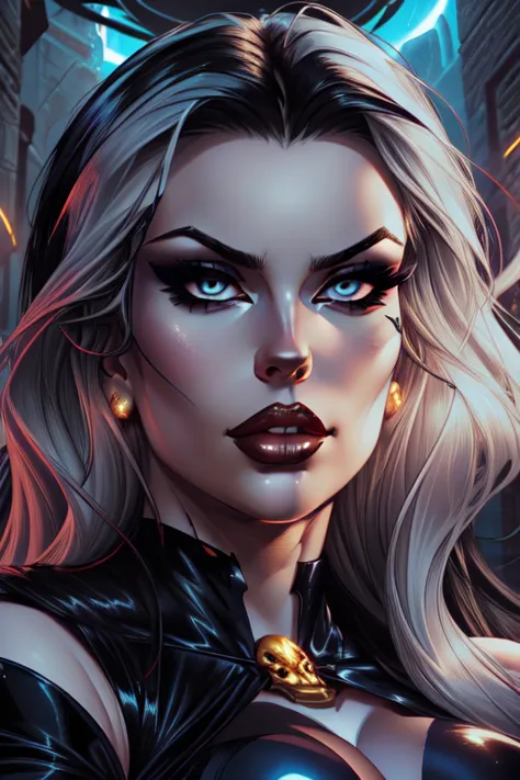 ((emmanorts)) as Lady Death, beautifully detailed eyes,beautiful detailed lips,long black hair,perfect skin,curvy figure,intense...