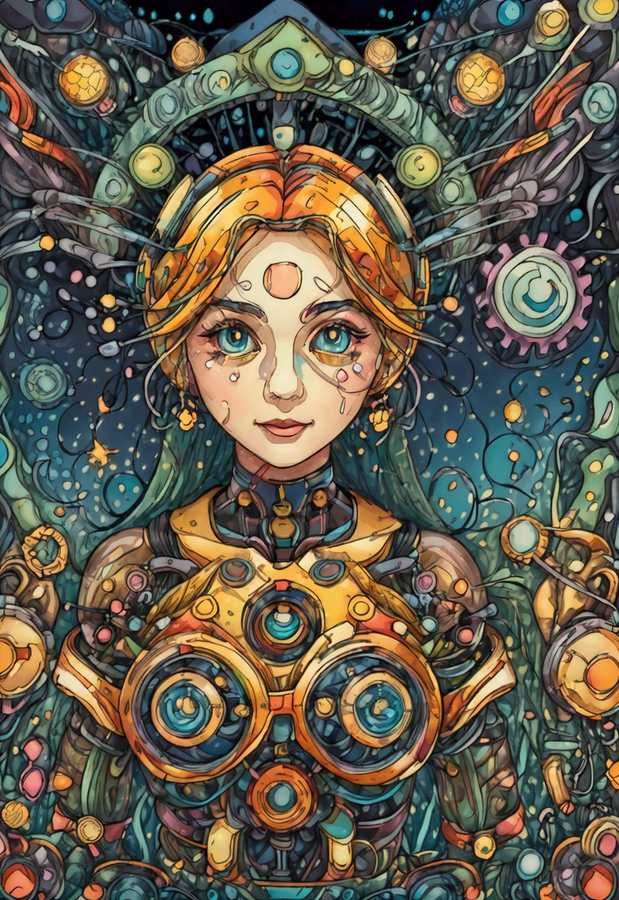 Create an abstract artwork blending anime Und pop art styles, mit Schwerpunkt auf dem metaphorischen Konzept der „Maschinenheilung.&#39; Zeigt eine menschenähnliche Figur mit heiterem Gesichtsausdruck, combining mechanisch Und organic elements. Include glowing mechanisch WIRES connected to the mind , The artwork explores the idea of emotional Und psychological healing facilitated by the synthetic or artificial—whether that be technology, gesellschaftliche Konstrukte, oder sogar selbst konstruierte Personas. It delves into the idea that healing Und self-improvement can come from seemingly inanimate or artificial sources, dass sogar die "kalt" Und "mechanisch" can offer warmth Und restoration.
Surround the figure with layers of fragmented identities using gears Und digital streams. Add vibrant pop art elements like pixelated tears Und emoticons to represent digital emotions.

Incorporate an abstract background that blends artificial lUndscapes with organic elements, mit hellen, contrasting colors Und neon accents. The artwork should evoke a sense of comfort Und introspection, Hervorhebung des Heilungspotenzials der synthetischen.