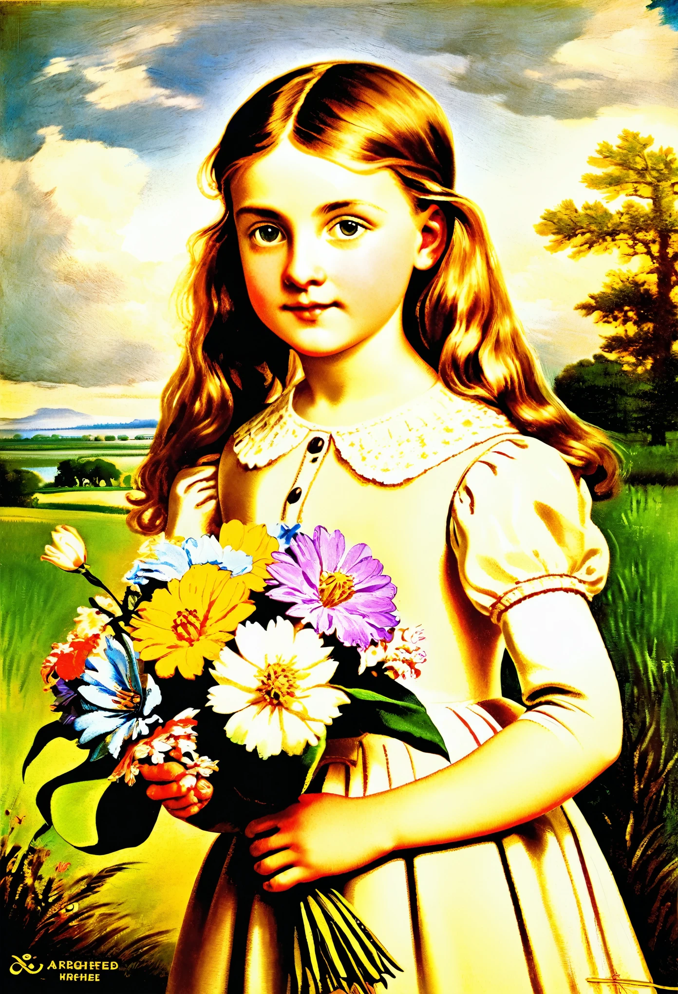 arafed portrait of a jovem holding a bouquet of flowers, jovem, portrait jovem, inspirado em Adolf Hirémy-Hirschl, portrait of a jovem, inspired by Lajos Gulácsy, Direção: Hugo Anton Fisher, retrato de menina, retrato de uma menina, inspirado em Margaret Brundage, inspirado em Adolphe Willette