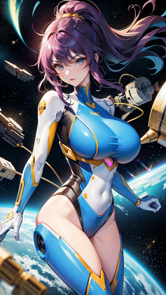 Robot woman with huge breasts wearing micro robotic suit in space 