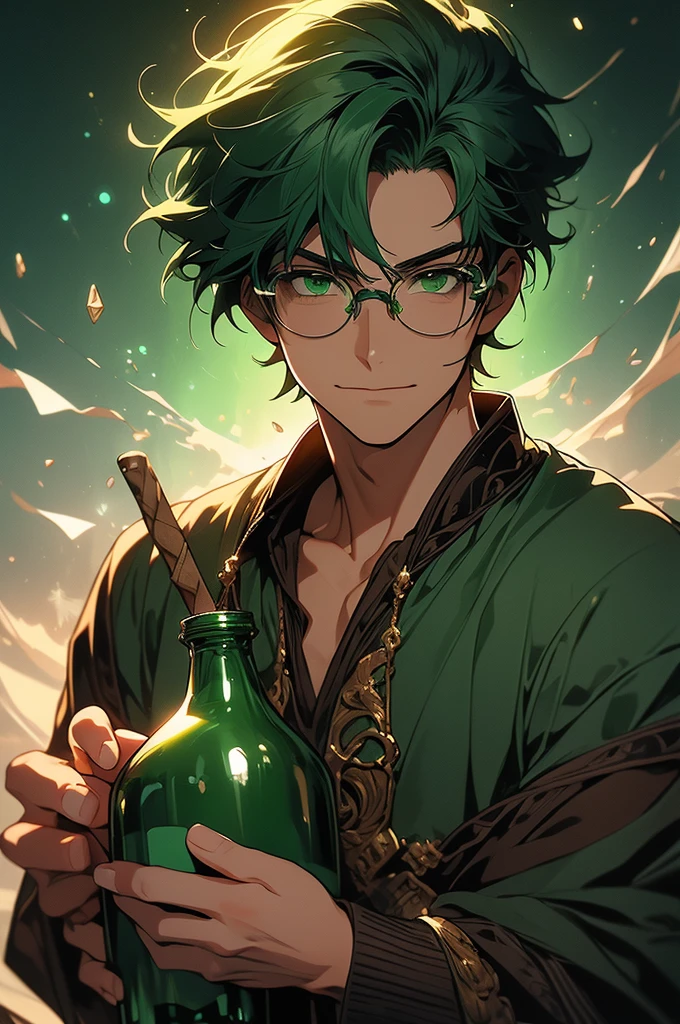 (masterpiece, 32k, 8k, very detailed image, professional anime studio style) man, 30s, youthful face, gentle countenance, shaved green hair, deep green emerald eyes, contagious smile, holding a bottle of potion, medieval clothing , background with a wide field, very dark brown skin, (round glasses)