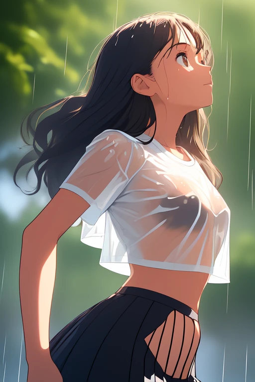 School Ground, , short sleeves, Skirt,
field, Bien visible through clothes, GOOD, transparent, Wet, girl with golden proportions, defined hips, big tits, butt rounding,
wavy mouth, (run:1.2), arms on head, looking away, Looking to the future, looking away, body with defined curves
(masterpiece, Best Quality, ultra detailed), black fur, big breasts,  in a sheer see through wet white shirt, wet clothes, 
beautiful face, kawaii, small face, (rain),
1 girl, Alone