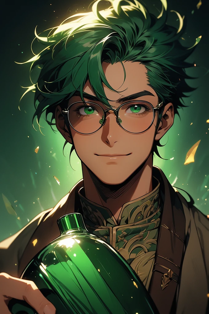 (masterpiece, 32k, 8k, very detailed image, professional anime studio style) man, 30s, youthful face, gentle countenance, shaved green hair, deep green emerald eyes, contagious smile, holding a bottle of potion, medieval clothing , background with a wide field, very dark brown skin, (round glasses)