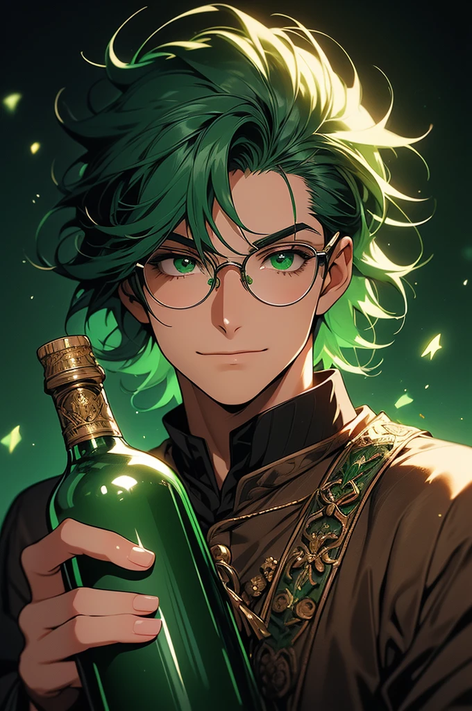 (masterpiece, 32k, 8k, very detailed image, professional anime studio style) man, 30s, youthful face, gentle countenance, shaved green hair, deep green emerald eyes, contagious smile, holding a bottle of potion, medieval clothing , background with a wide field, very dark brown skin, (round glasses)