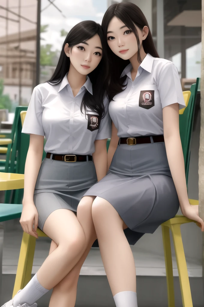 (((Ultra-HD-quality-details))) , two women, sitting, outdoor cafe, cewe-sma, from fitting, white shirt, gray skirt, belt, looking at viewer 