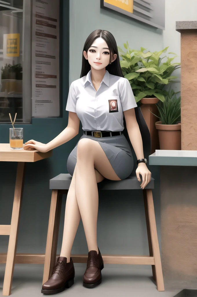 (((Ultra-HD-quality-details))) , two women, sitting, outdoor cafe, cewe-sma, from fitting, white shirt, gray skirt, belt, looking at viewer 