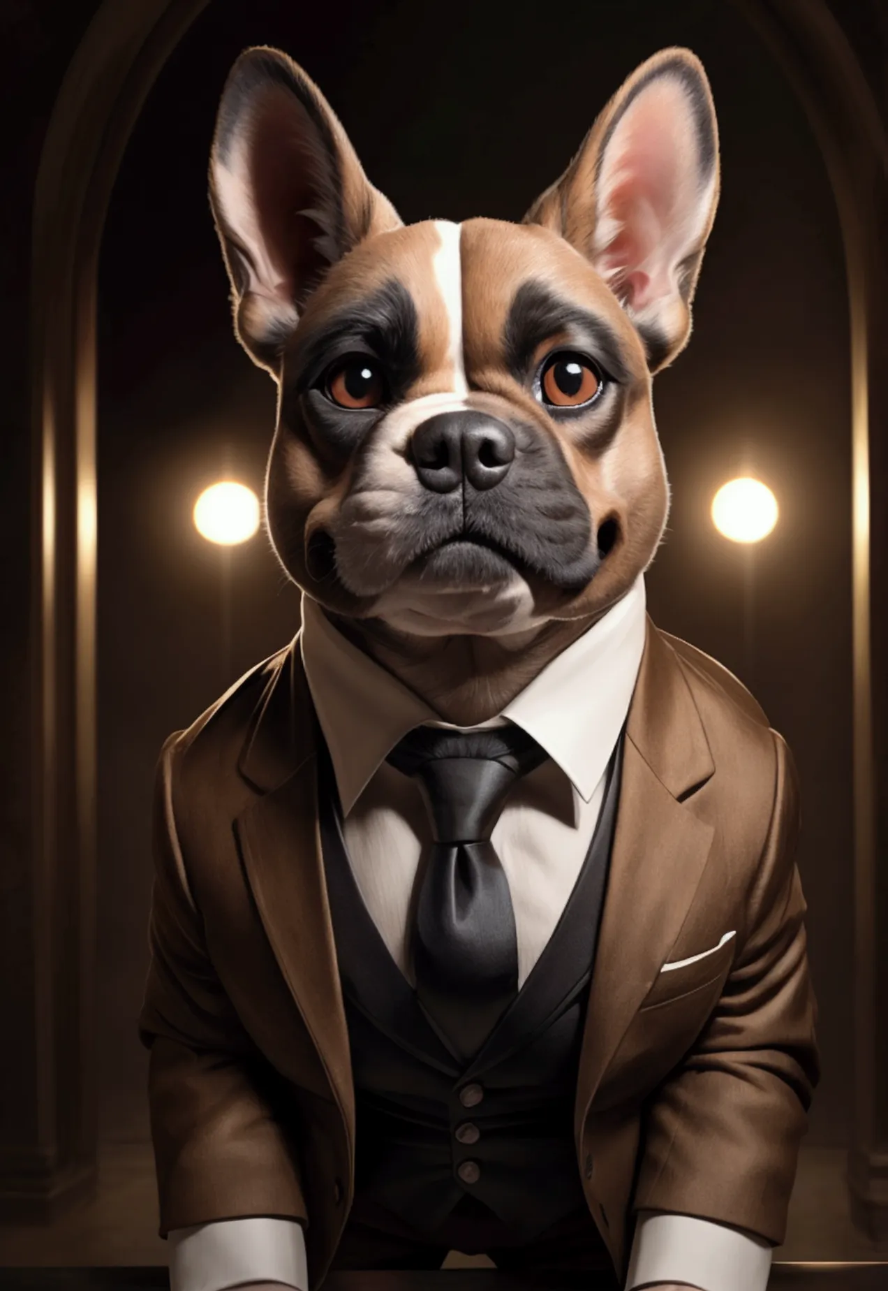 French Bulldog head, (dog:1), brown suit, interlaced, dramatic lighting, masterpiece, best quality, photorealistic, hyperrealist...