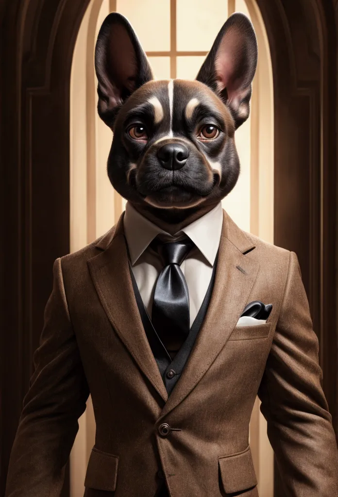 french bulldog head, (dog:1), brown suit, interlaced, dramatic lighting, masterpiece, best quality, photorealistic, hyperrealist...