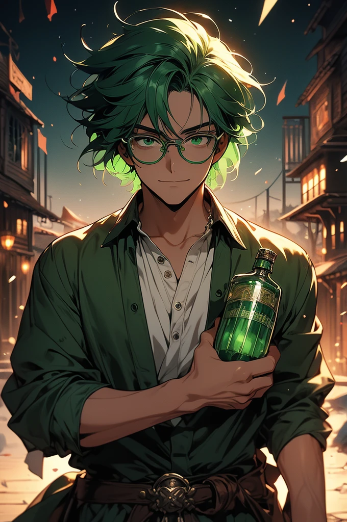 (masterpiece, 32k, 8k, very detailed image, professional anime studio style) man, 30s, youthful face, gentle countenance, shaved green hair, deep green emerald eyes, contagious smile, holding a bottle of potion, medieval clothing , background with a wide field, very dark brown skin, (round glasses)