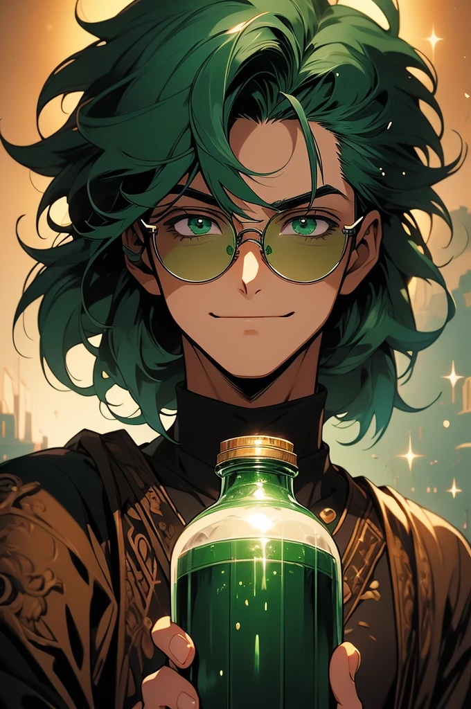 (masterpiece, 32k, 8k, very detailed image, professional anime studio style) man, 30s, youthful face, gentle countenance, shaved green hair, deep green emerald eyes, contagious smile, holding a bottle of potion, medieval clothing , background with a wide field, very dark brown skin, (round glasses)