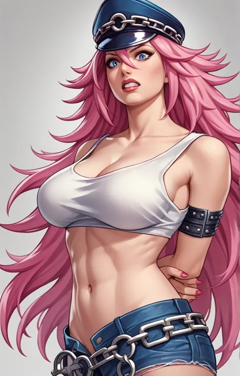 score_9, score_8_up, score_7_up, masterpiece, high quality 1girl, pink long hair, nail polish, poison, white crop top, huge , ha...