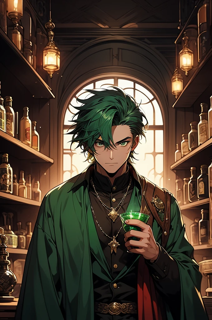 Create an image of a man approximately 30 years old with green hair shaved close to the scalp, military style. He is wearing common medieval clothing, similar to those found in fantasy games. His skin is dark brown, similar to Nagatoro’s, and his eyes are a deep emerald green. He is holding a potion in his hands, with the image focusing on the details of the vial and the man's expression. The background is the interior of a medieval-style potion shop or house, reminiscent of "Final Fantasy" settings. The image should be high quality, with rich details and the aesthetic of a modern anime. The man is looking directly at the viewer, creating a direct visual connection.