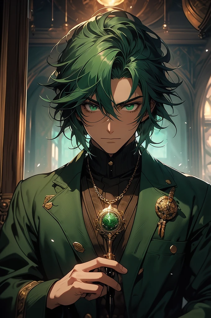 Create an image of a man approximately 30 years old with green hair shaved close to the scalp, military style. He is wearing common medieval clothing, similar to those found in fantasy games. His skin is dark brown, similar to Nagatoro’s, and his eyes are a deep emerald green. He is holding a potion in his hands, with the image focusing on the details of the vial and the man's expression. The background is the interior of a medieval-style potion shop or house, reminiscent of "Final Fantasy" settings. The image should be high quality, with rich details and the aesthetic of a modern anime. The man is looking directly at the viewer, creating a direct visual connection.