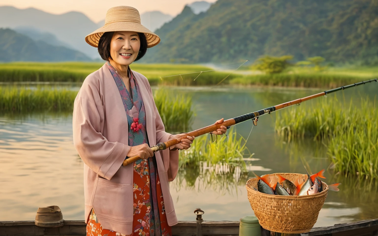 Asian woman in her fifties holding a fish and fishing rod, like a catalog photograph, inspired by Miwa Komatsu, TWICE&#39;s Tzuyu, Inspired by Zhou Wenjing, by Naomichi Nakamura, Written by Tang Xinyun Senna, Jaeyoung Nam, Inspired by Koson Ohara, Inspired by Yuko Tatsushima