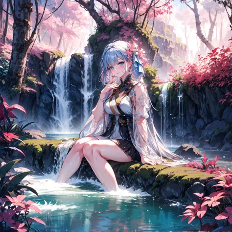 very beautiful girl happily bathing near a clear and cool waterfall。pink skin、blue eyes、black hair、detailed face、detailed body、r...