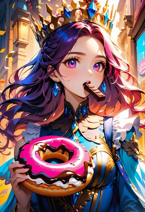 an oil painting portrait of a queen eating a (an epic donut: 1.3), an exotic exquisite beautiful queen, dynamic hair color, wavy...