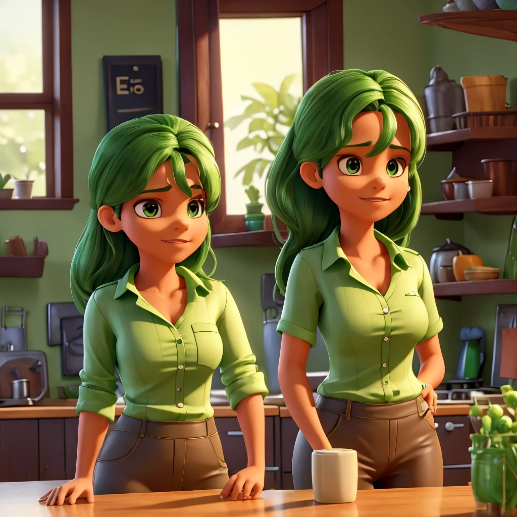 uma mulher latino-americana de 30 anos vestindo uma camisa verde em sua cozinha em casa antes de sair para correr,rosto e corpo detalhados,fotorrealista,alta qualidade,iluminação cinematográfica,tons de cores quentes,luz solar natural,fundo detalhado,limpeza do interior da cozinha