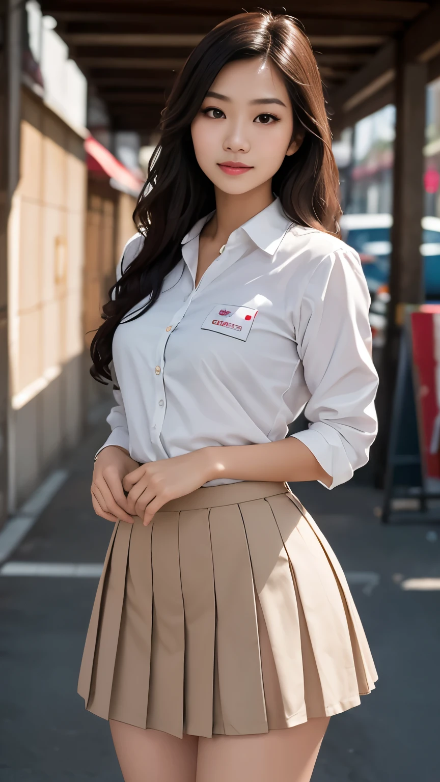 MALAY GIRL, masterpiece, High quality, UHD 32K, Realistic face, Realistic skin feeling , A Japanese Lady, Very cute face, CUTE GIRL, school, white school shirt, pleated miniskirt