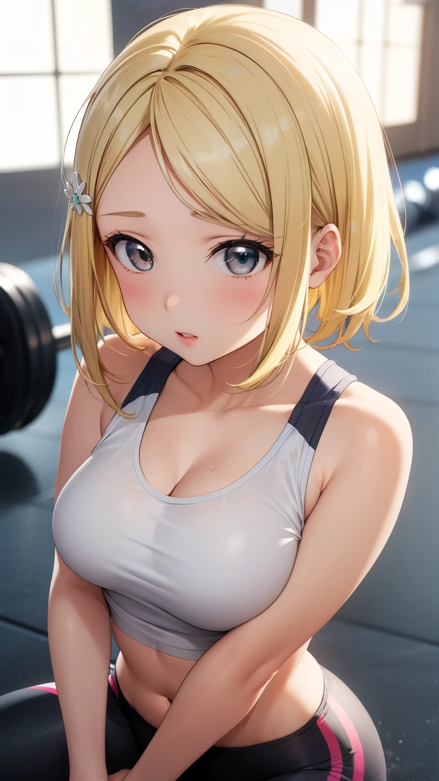 masterpiece, best quality, highly detailed, ultra high res, ayase arisa, 1girl, solo, hair ornament, short blonde hair, glossy lips, medium breasts, gym, yoga pants, tank top