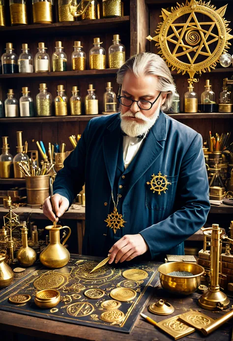 it seems so in his laboratory turning lead into gold,very mystical,decorated with alchemical symbols