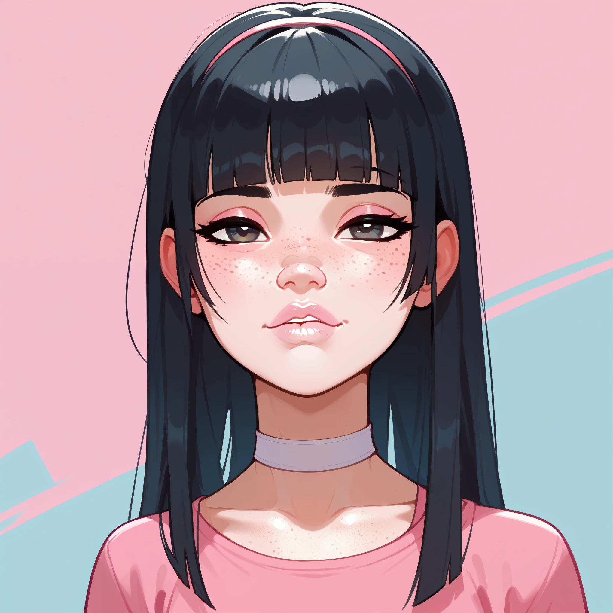 score_9,score_8_up,score_7_up,score_6_up,score_5_up,score_4_up,
1girl, pop art, pretty girl, black hair, hime cut, cute nose. biting lip, seductive, white choker, pink lips, freckles,
 