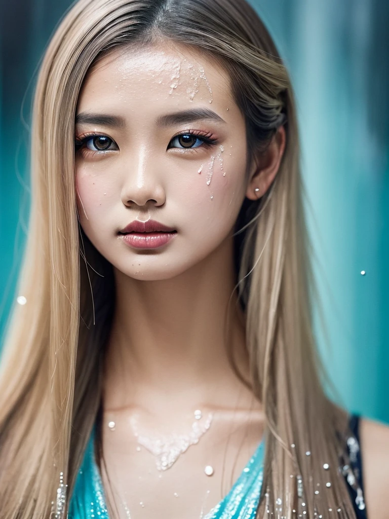 Beautiful supermodel woman with blonde hair, Hair with subtle highlights, Blue-gray eyes, Mixed Media, Wet paint, Jewel Beetle, Colored Background, The color of the liquid flowing on her face, photograph：Jinnah Chan. - At six o&#39;clock