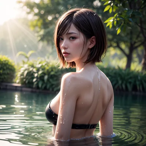 (((Misako Renbutsu)))Beautiful Young Female with Short hair in Lake, extremely delicate and beautiful,Outstanding light and shad...