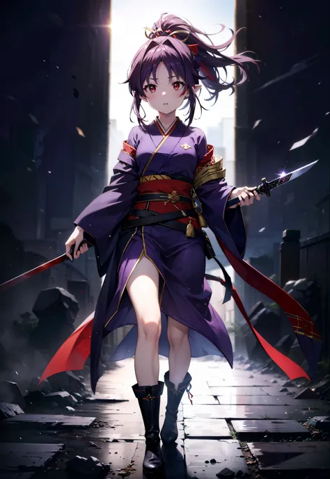 yuukikonno, Yuki Konno, hair band, Long Hair, Pointy Ears,ponytail, Purple Hair, (Red eyes:1.5), (Small breasts:1.2), Open your mouth,Purple kimono,Red too,boots,hold the hilt of the sword in one&#39;s hand,Sword Drawing Technique,
break looking at viewer, Upper Body, whole body,
break outdoors, Medieval European streets,
break (masterpiece:1.2), Highest quality, High resolution, unity 8k wallpaper, (shape:0.8), (Narrow and beautiful eyes:1.6), Highly detailed face, Perfect lighting, Extremely detailed CG, (Perfect hands, Perfect Anatomy),