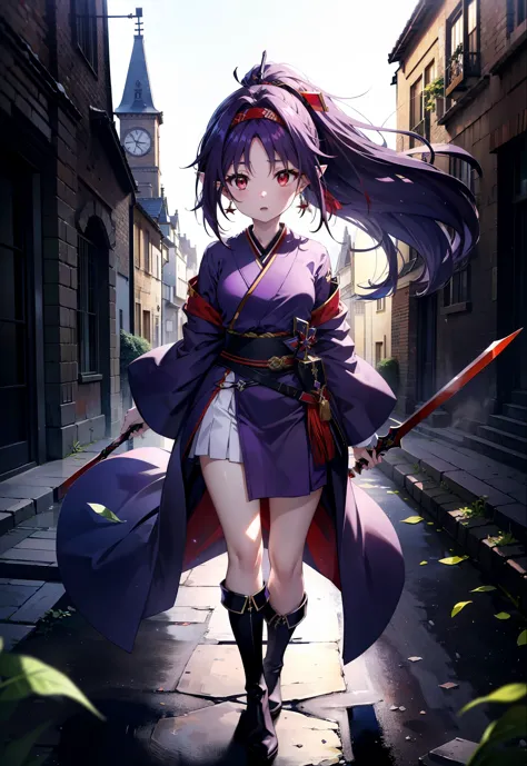 yuukikonno, Yuki Konno, hair band, Long Hair, Pointy Ears,ponytail, Purple Hair, (Red eyes:1.5), (Small breasts:1.2), Open your mouth,Purple kimono,Red too,boots,hold the hilt of the sword in one&#39;s hand,Sword Drawing Technique,
break looking at viewer, Upper Body, whole body,
break outdoors, Medieval European streets,
break (masterpiece:1.2), Highest quality, High resolution, unity 8k wallpaper, (shape:0.8), (Narrow and beautiful eyes:1.6), Highly detailed face, Perfect lighting, Extremely detailed CG, (Perfect hands, Perfect Anatomy),