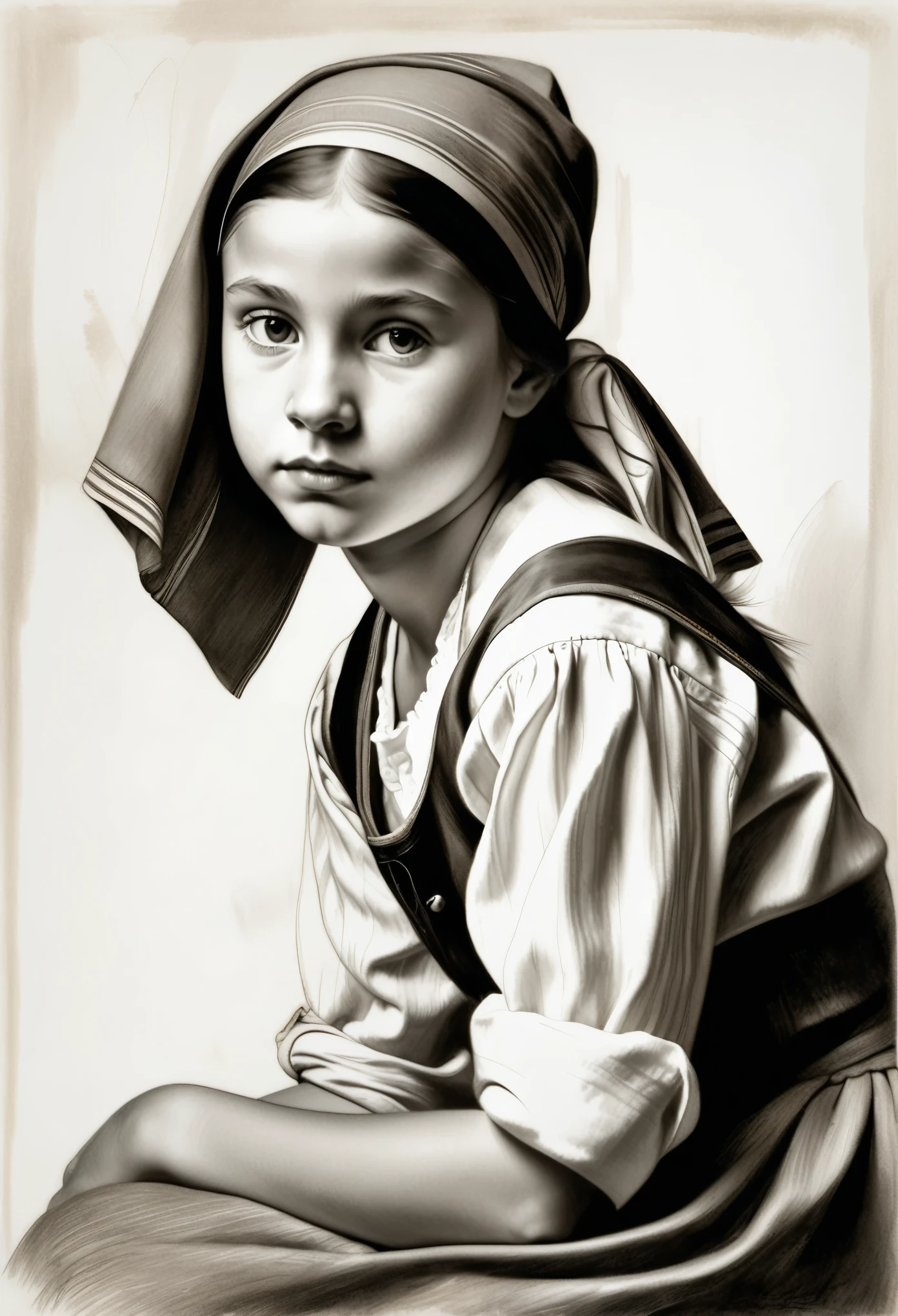 Arafed-Porträt eines jungen Mädchens ((Rauer Croquis von Vermeer)), Knie-Schuss eines schönen Mädchens bei , Kohlezeichnung, Sepia, weißer Hintergrund, Meisterwerk