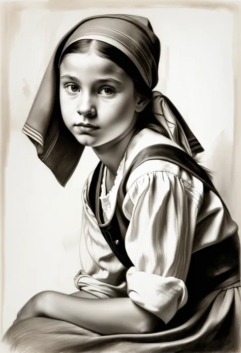 arafed portrait of a young girl ((rough croquis by vermeer)), knee shot of a beautiful girl at 12 years old, charcoal drawing, s...