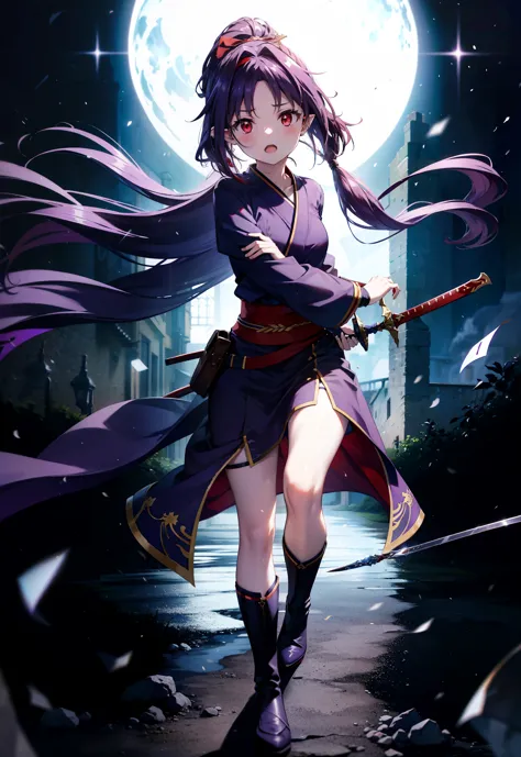 yuukikonno, Yuki Konno, hair band, Long Hair, Pointy Ears,ponytail, Purple Hair, (Red eyes:1.5), (Small breasts:1.2), Open your mouth,Purple kimono,Red too,boots,Holding the sword grip with one hand,Sword Drawing Technique,whole bodyがイラストに入るように,
break looking at viewer, whole body,
break outdoors, Medieval European streets,
break (masterpiece:1.2), Highest quality, High resolution, unity 8k wallpaper, (shape:0.8), (Narrow and beautiful eyes:1.6), Highly detailed face, Perfect lighting, Extremely detailed CG, (Perfect hands, Perfect Anatomy),