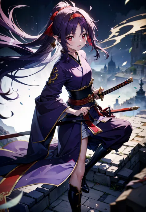 yuukikonno, Yuki Konno, hair band, Long Hair, Pointy Ears,ponytail, Purple Hair, (Red eyes:1.5), (Small breasts:1.2), Open your mouth,Purple kimono,Red too,boots,Holding the sword grip with one hand,Sword Drawing Technique,whole bodyがイラストに入るように,
break looking at viewer, whole body,
break outdoors, Medieval European streets,
break (masterpiece:1.2), Highest quality, High resolution, unity 8k wallpaper, (shape:0.8), (Narrow and beautiful eyes:1.6), Highly detailed face, Perfect lighting, Extremely detailed CG, (Perfect hands, Perfect Anatomy),