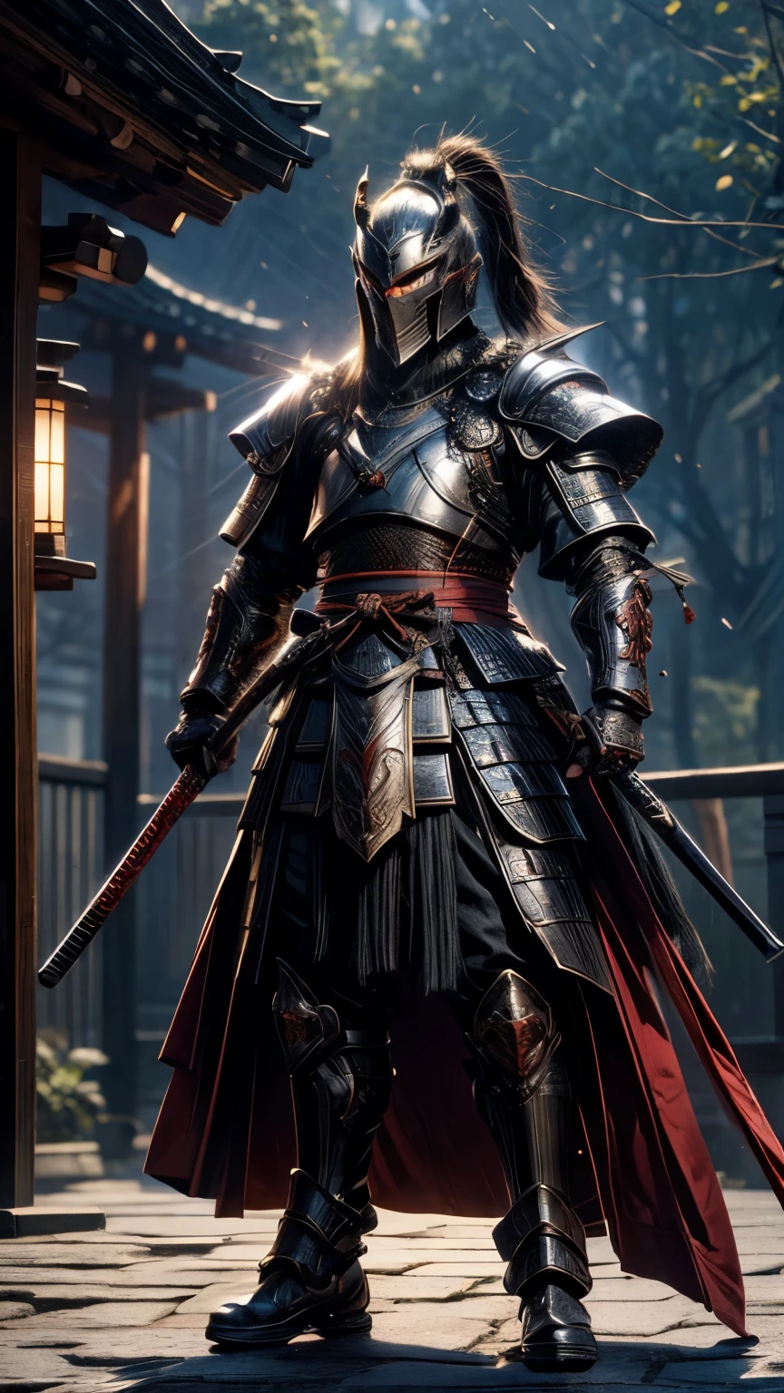 full body, Japanese samurai with armor、highest bit、highly detailed armor、reddish、ck、Perfect style、very detailed background，realist，ultra detailed，super detailed skin，light glare，film grain，According to II，Lens flare，Sharpen，cinematic shadow,