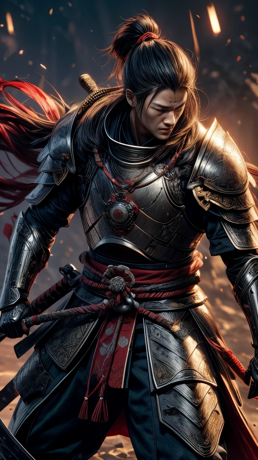 full body, Japanese samurai with armor、highest bit、highly detailed armor、reddish、ck、Perfect style、very detailed background，realist，ultra detailed，super detailed skin，light glare，film grain，According to II，Lens flare，Sharpen，cinematic shadow,