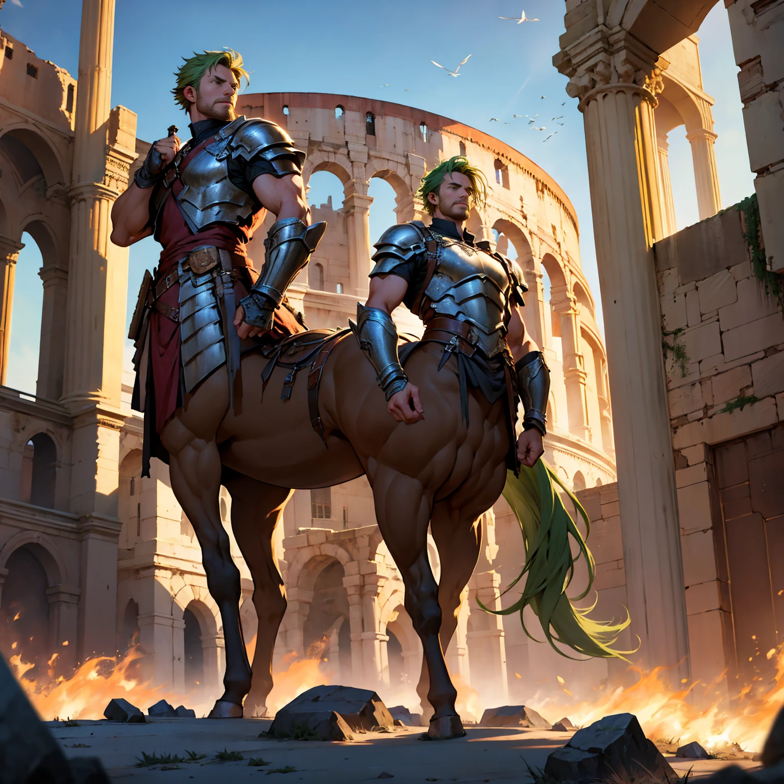 Highly detailed, full-color, full-length photograph of a centaur.:1.2, standing, high, short green hair, gauntlets, detailed muscular physique, Realistic representation, 4k resolution. bottom: Colosseum during a spectacular sunset,32k UHD, Best Quality, masterpiece,