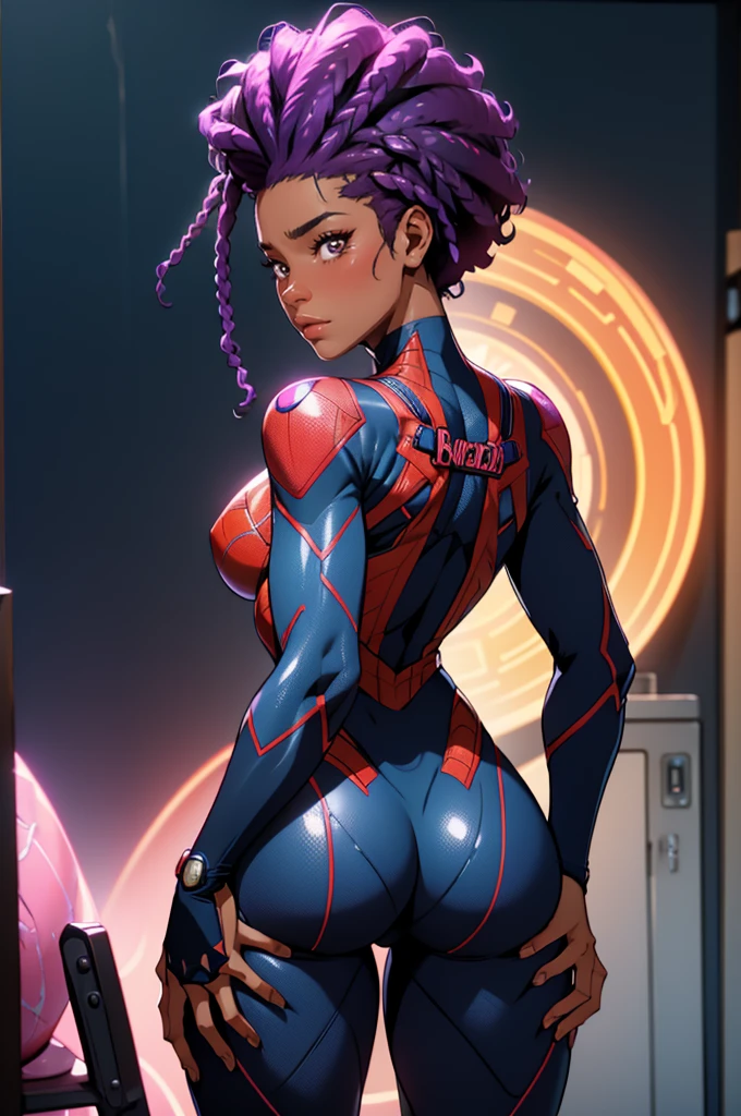 detailed portrait of a 20 years old afro american woman with braids, perfect body, back view, grabbing own ass, wearing spiderman suit with bsuit, spider logo, mile morales logo, scared face expression, (best quality,4k,8k,highres,masterpiece:1.2),ultra-detailed,(realistic,photorealistic,photo-realistic:1.37),extremely detailed eyes and face,longeyelashes,vivid colors,cinematic lighting,dramatic atmosphere