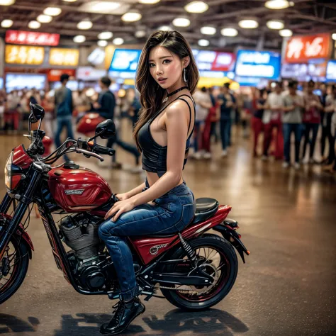 (extremelydetailed((song joo a))) clearly visible the shape of butt, radiant ivory skin with transparency, motor cycle event gir...